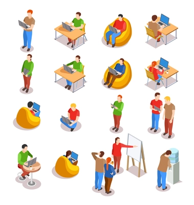 Coworking people isometric icons collection of isolated human figures in open space office with laptop computers vector illustration