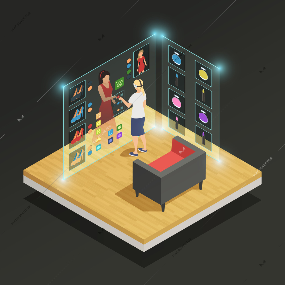 Woman choosing dress and makeup in augmented reality glasses isometric composition on black background 3d vector illustration