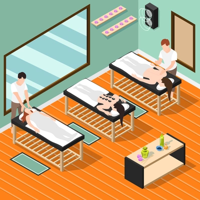 Alternative medicine isometric background  with female patients lying on couches and male massage therapists performing medical procedures vector illustration