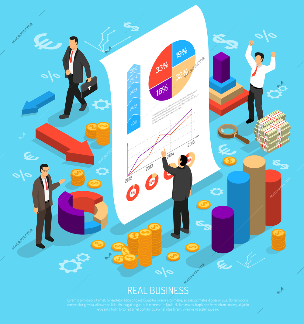 Isometric diagrams infographics business illustration with human characters 3d graphs money arrows and flat financial pictograms vector illustration