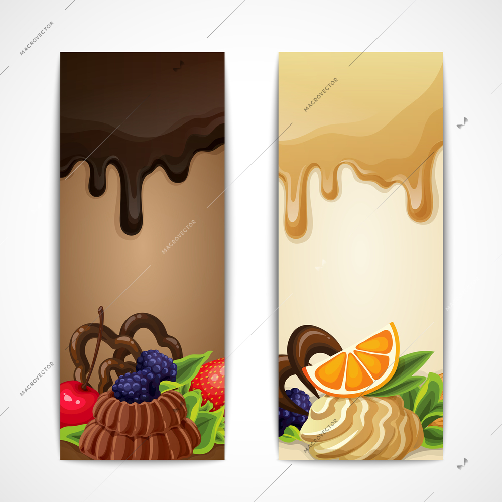 Sweets dessert food dark and white chocolate banners vertical vector illustration