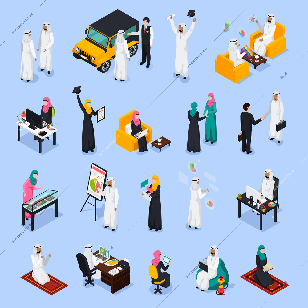Isometric set of arab people during business, education, work, relaxation, prayer on blue background isolated vector illustration