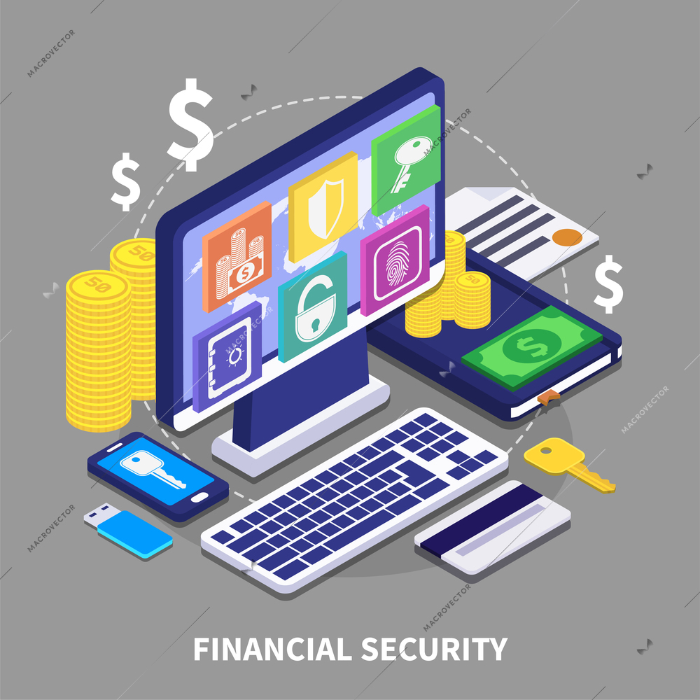 Internet banking and financial security concept with various electronic devices coins and credit card 3d isometric vector illustration