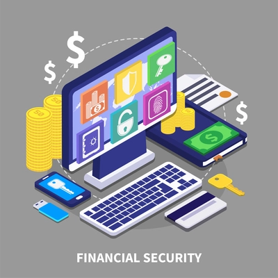Internet banking and financial security concept with various electronic devices coins and credit card 3d isometric vector illustration