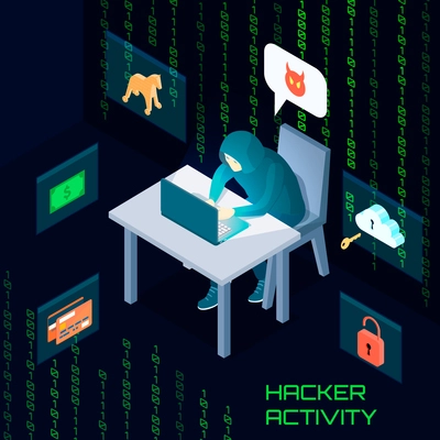 Hacker activity isometric composition with malware, stealing of money on black background with binary code vector illustration