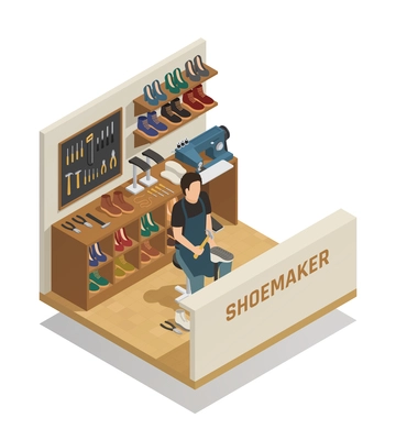 Shoe repairing service isometric composition with shoemaker at working place sewing machine tools and shelves of shoes vector illustration