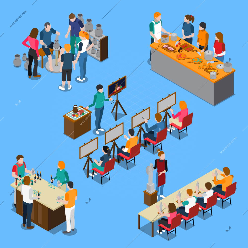 Isometric set with pottery master class, bartending course and cooking, drawing and sculpture lessons isolated vector illustration