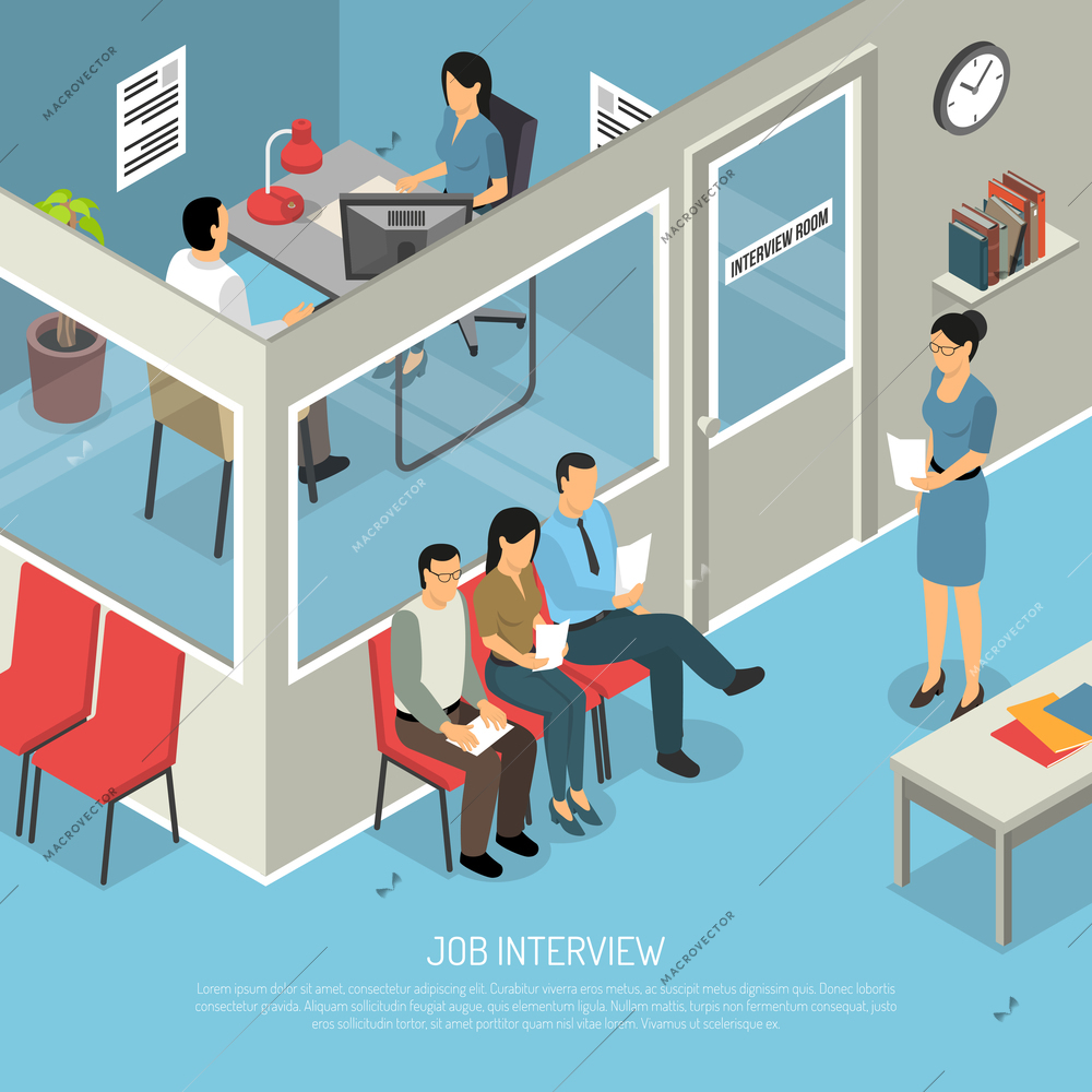 Job interview composition with isometric office interior and human characters in queue waiting for job talk vector illustration