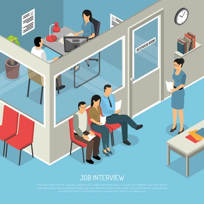 Job interview composition with isometric office interior and human characters in queue waiting for job talk vector illustration