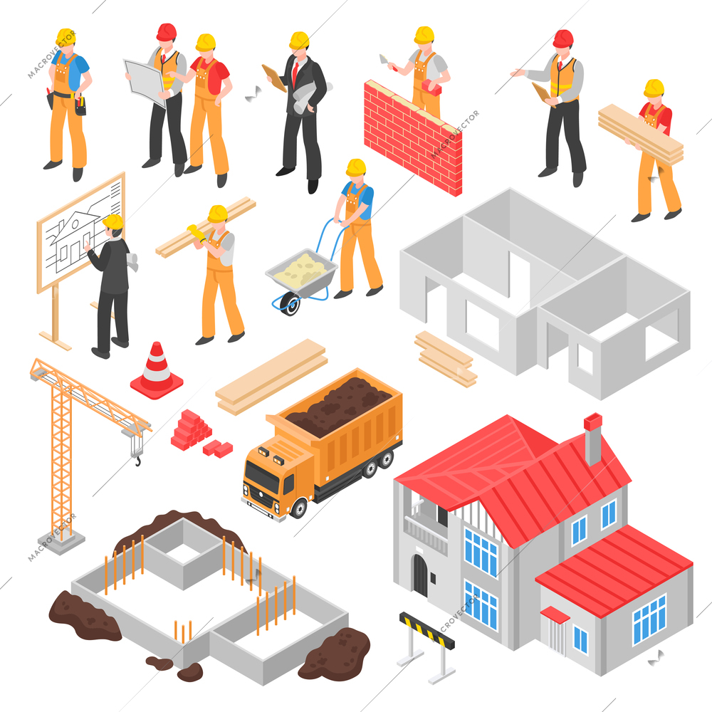 Construction isometric set with builder engineer architect foreman figurines foundation crane truck and finished house isolated vector illustration