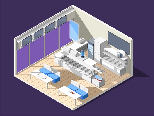 Fast food self service restaurant isometric interior composition with cafe room tables chairs and glass case vector illustration