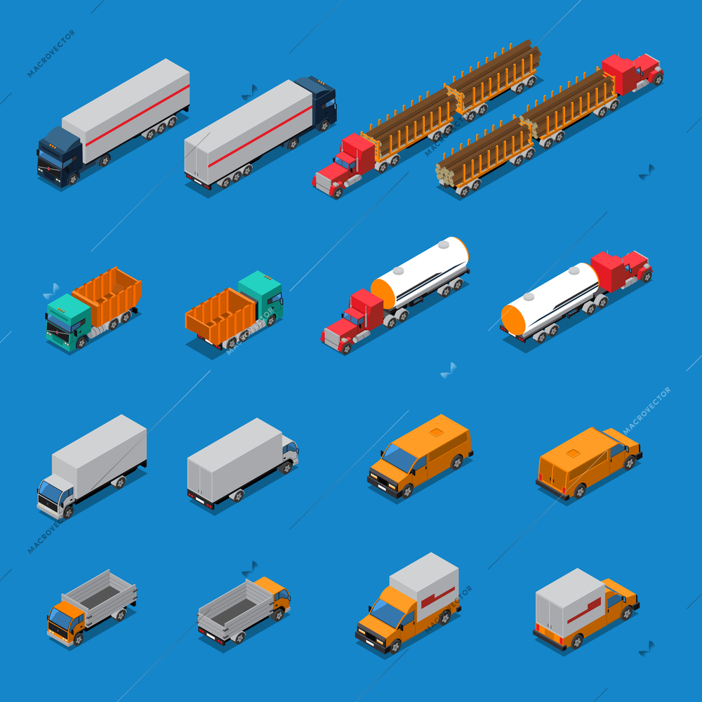 Isometric icons set with trucks for transportation timber, fuel, construction cargo isolated on blue background vector illustration