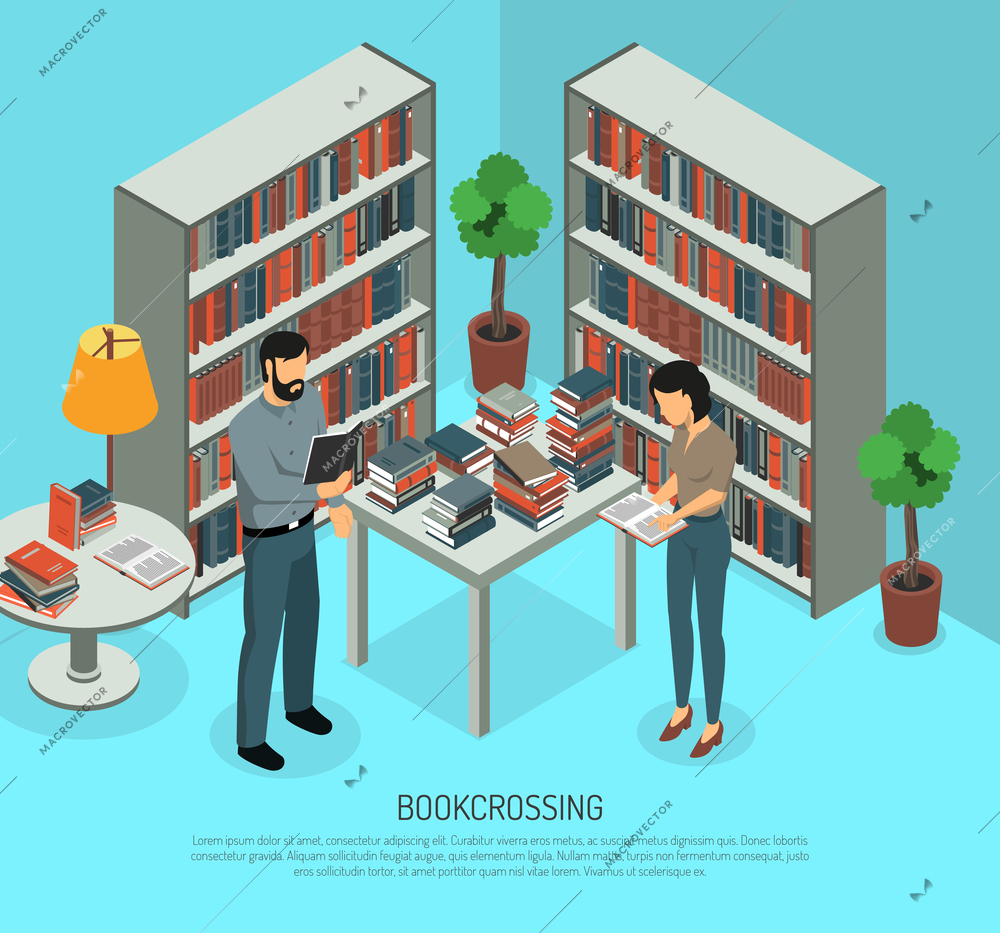 Isometric bookcrossing composition with public library interior and two human characters sharing and reading different books vector illustration