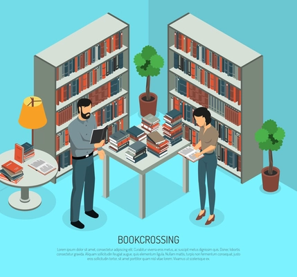 Isometric bookcrossing composition with public library interior and two human characters sharing and reading different books vector illustration