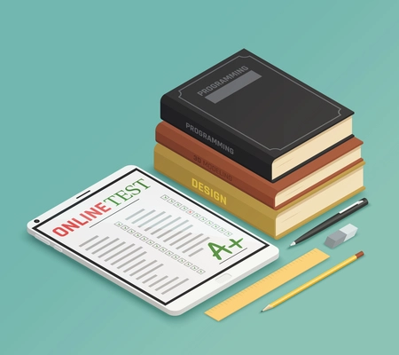 Elearning isometric design concept with online test sheet and stack of textbooks on programming 3d modeling and design vector illustration