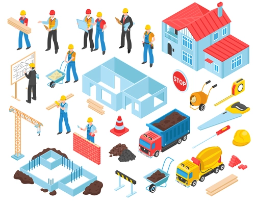 Building set of isolated construction site elements equipment and transport units with human characters of workers vector illustration