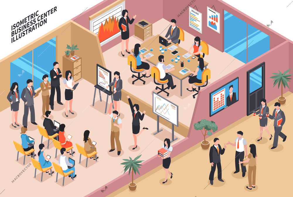 Isometric business illustration with office room interiors male and female human characters of workers and text vector illustration