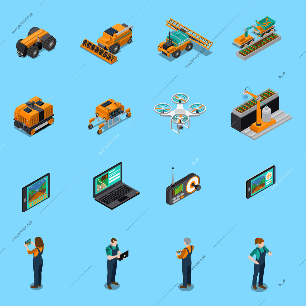 Agricultural robots isometric icons with drone, unmanned machinery for cultivation, farmers with control panel isolated vector illustration