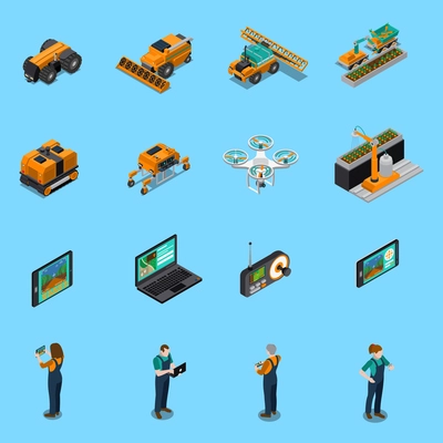 Agricultural robots isometric icons with drone, unmanned machinery for cultivation, farmers with control panel isolated vector illustration