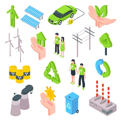 Clean ecology isometric set with trash container wind turbine recycling plant isolated vector illustration