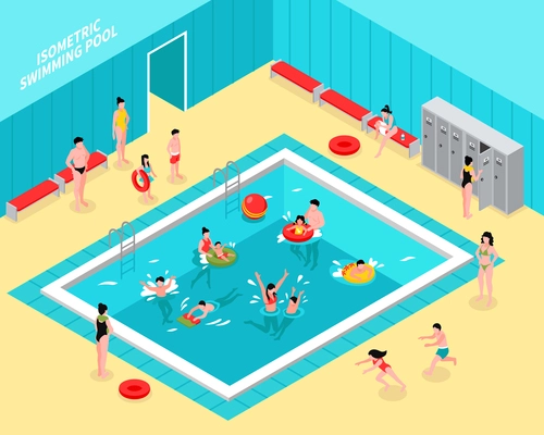 Isometric swimming pool composition with natatorium hall interior and figures of children with parents and tubes vector illustration