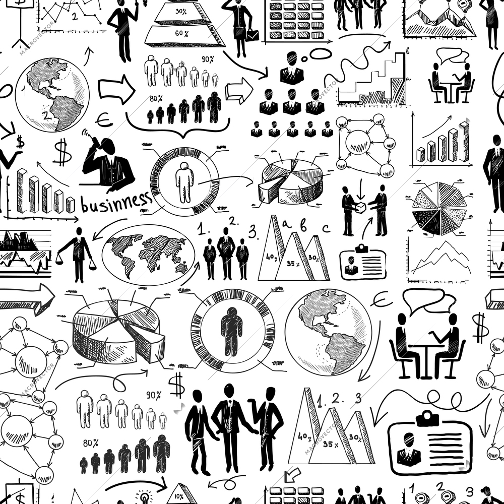 Sketch business organization management process seamless pattern doodle vector illustration