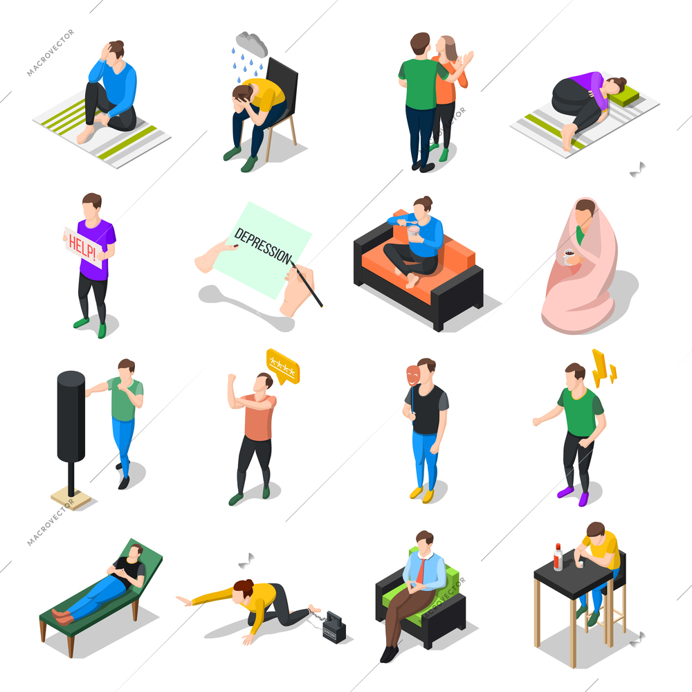 Stress and depression people isometric icons collection of isolated human characters dealing with stress in different situations vector illustration