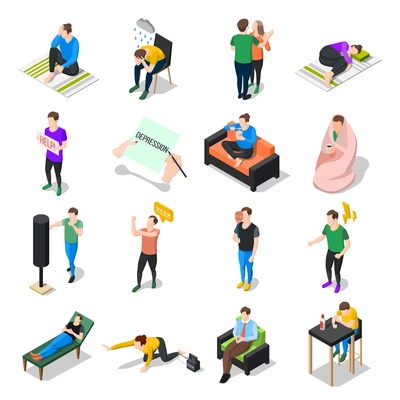 Stress and depression people isometric icons collection of isolated human characters dealing with stress in different situations vector illustration