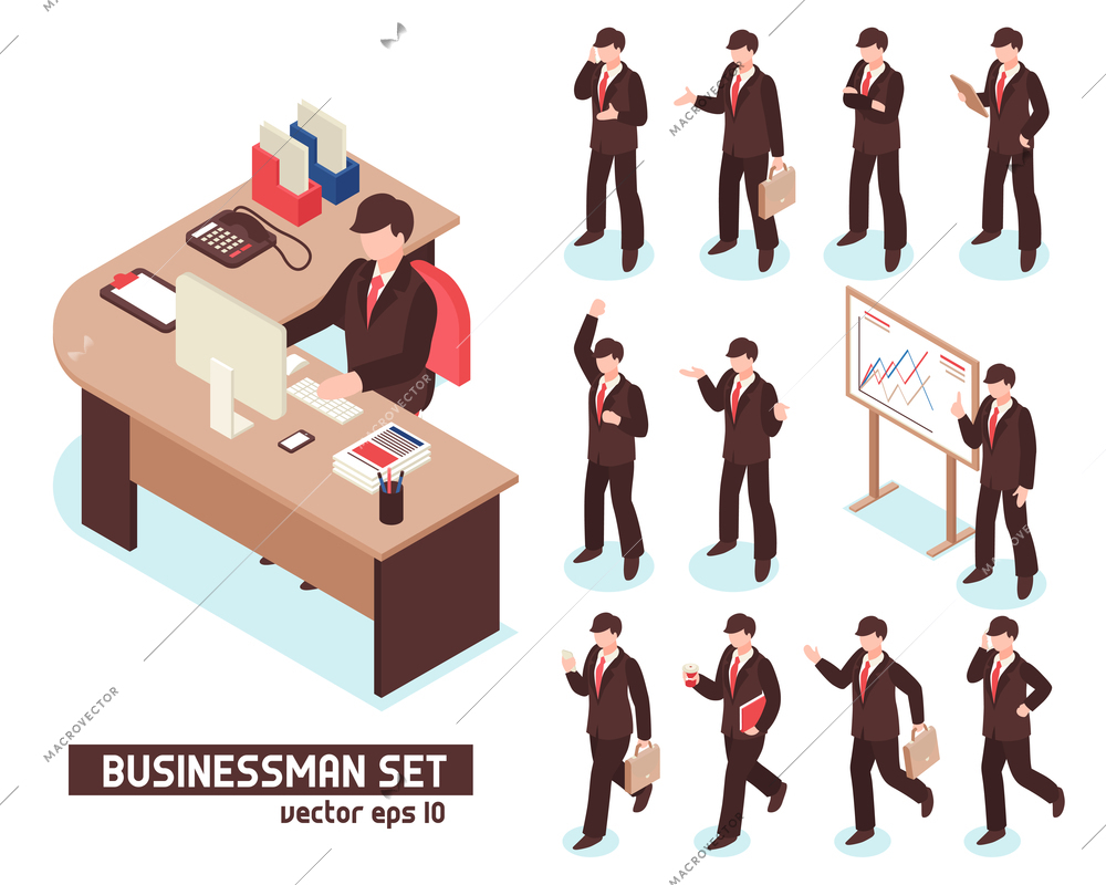 Businessmen isometric set of male characters in suit with items for business isolated on white background vector illustration