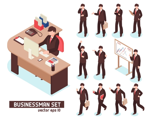 Businessmen isometric set of male characters in suit with items for business isolated on white background vector illustration