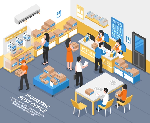 Post office interior with forwarding agents recipients and employees selling mailing supplies and receiving parcels isometric vector illustration