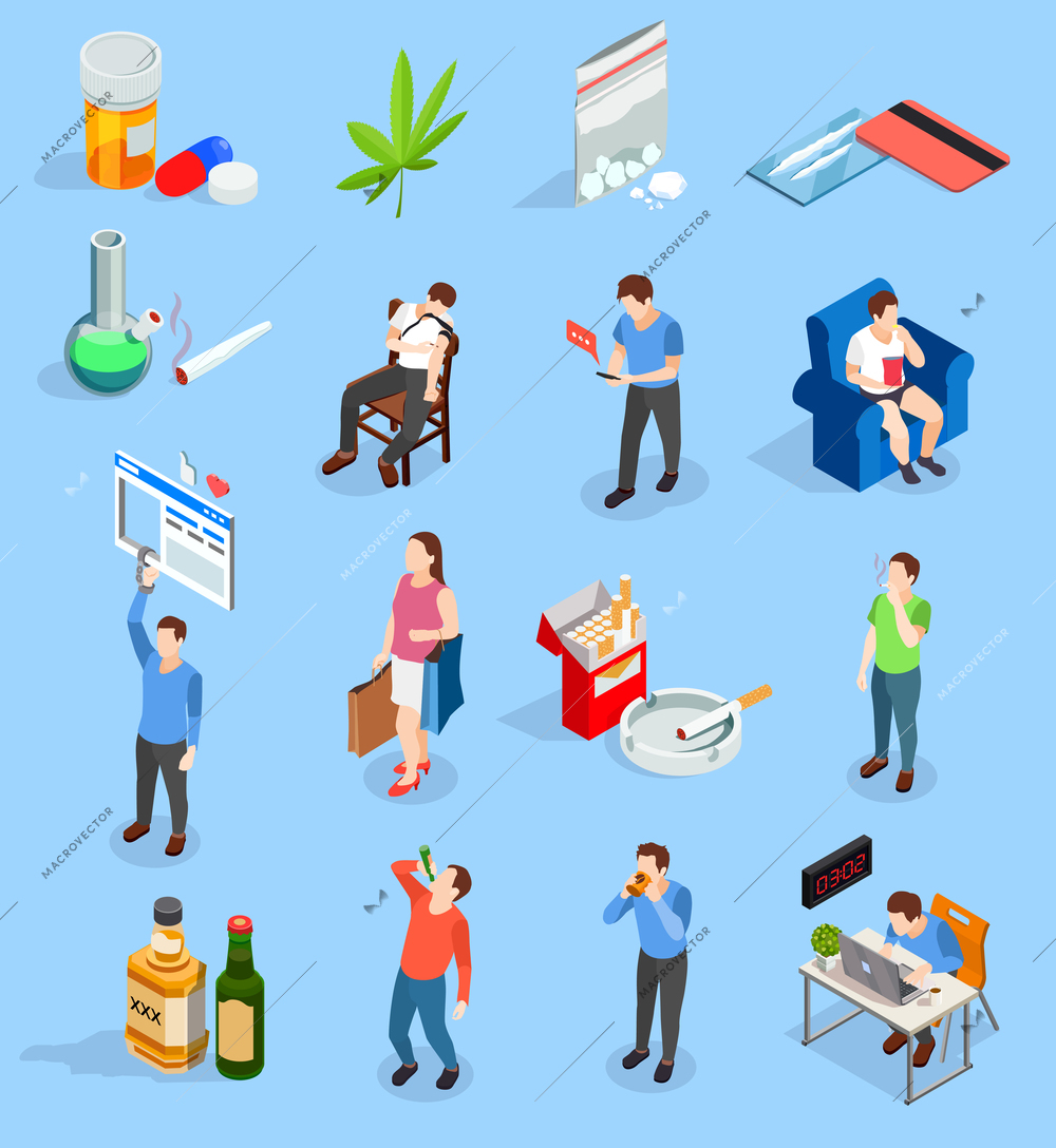 Bad habits of people isometric icons with drugs, alcohol, smoking,  workaholism, social media, shopping isolated vector illustration
