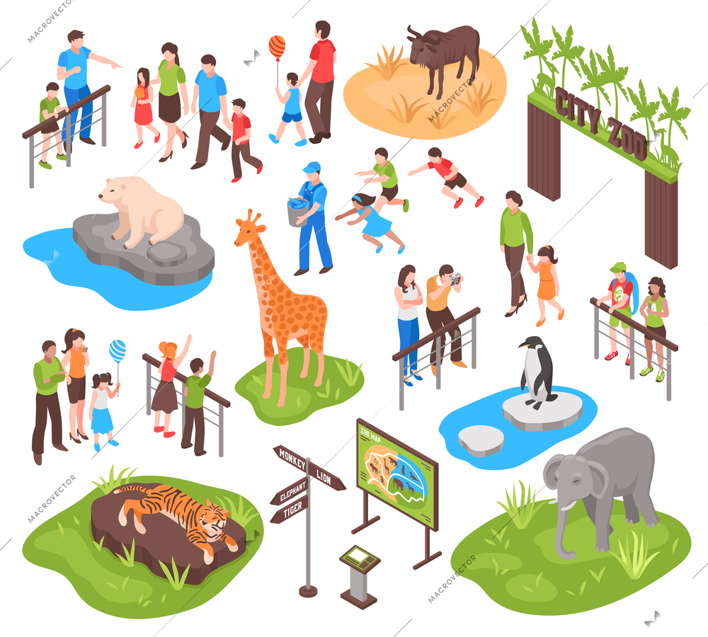 City zoo isometric set with children and their parents watching animals and photographing them isolated vector illustration