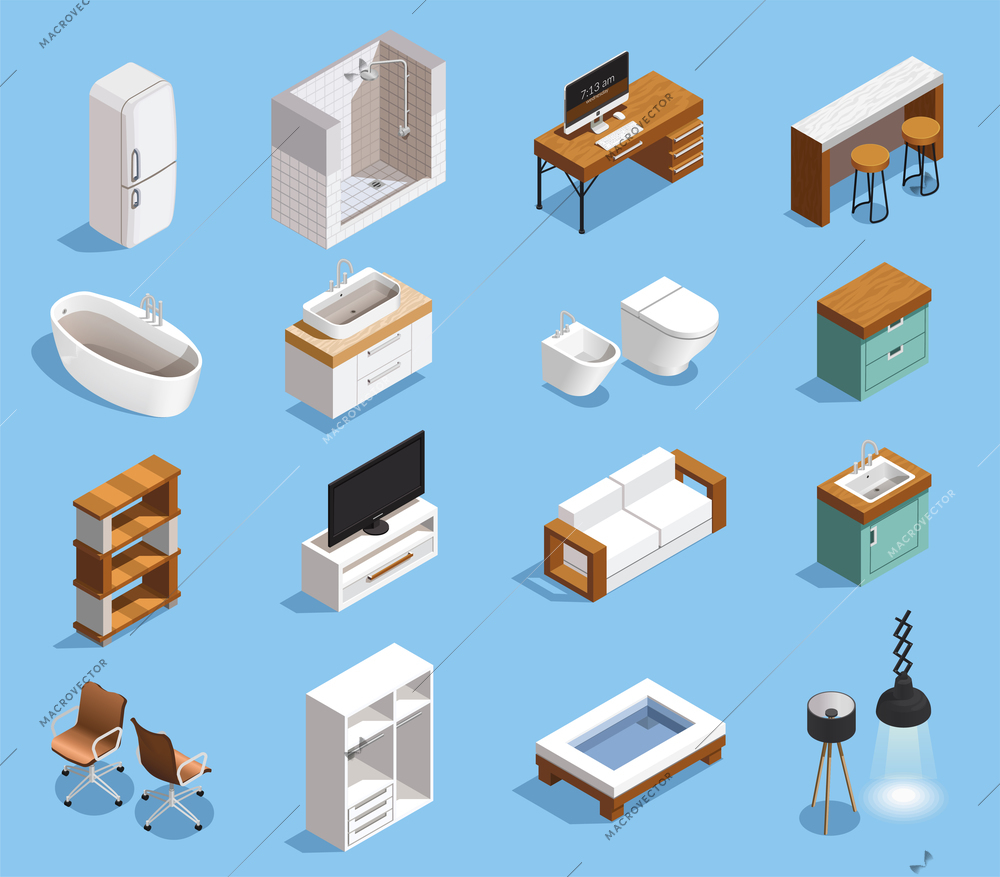 Furniture interior elements isometric set of stylish isolated domestic furniture and household appliance images with shadows vector illustration