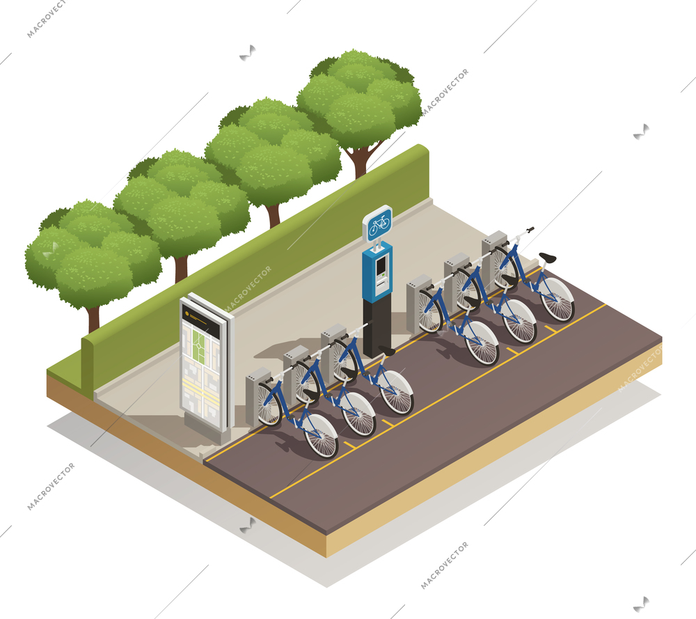 Urban eco transport isometric design concept with some available bicycles for rent at station and cashier machine for payment vector illustration