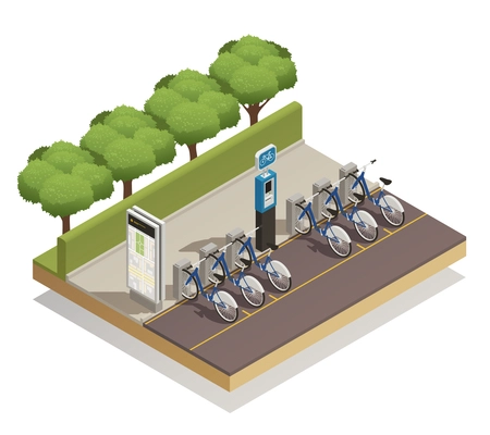 Urban eco transport isometric design concept with some available bicycles for rent at station and cashier machine for payment vector illustration