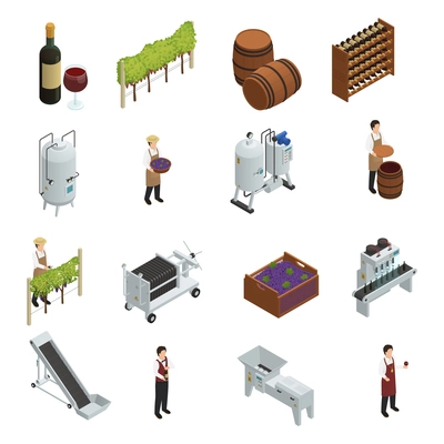 Wine production isometric set of grapevine wooden barrels vineyard transporter sommelier rack of vine bottles vector illustration