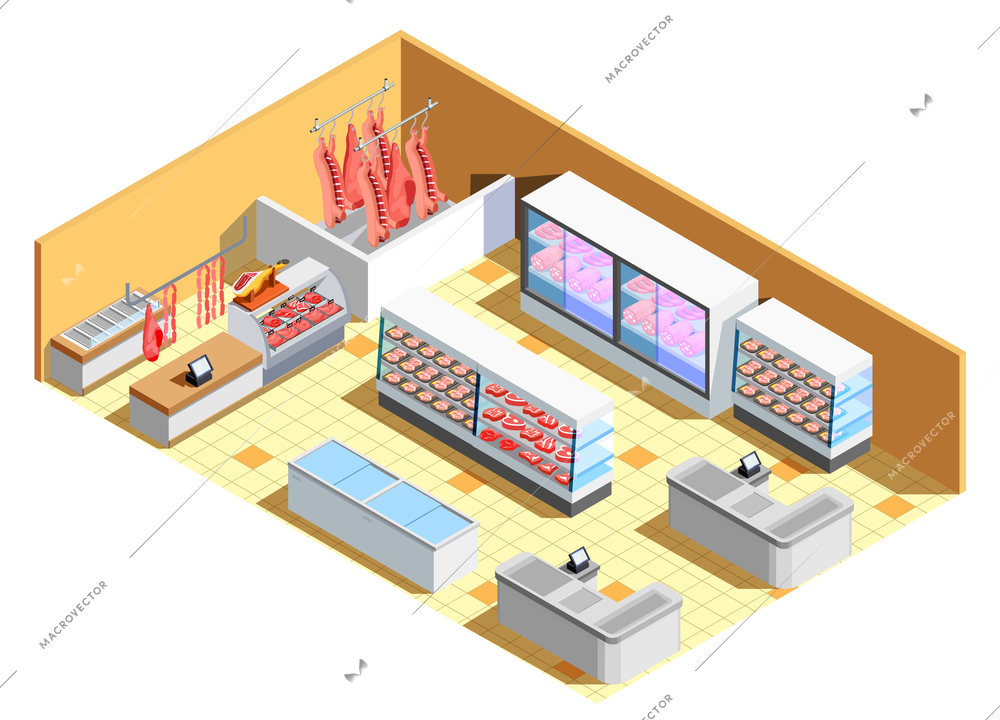 Butcher shop interior isometric composition with meat products, refrigerators, counter with showcase, cash desks vector illustration