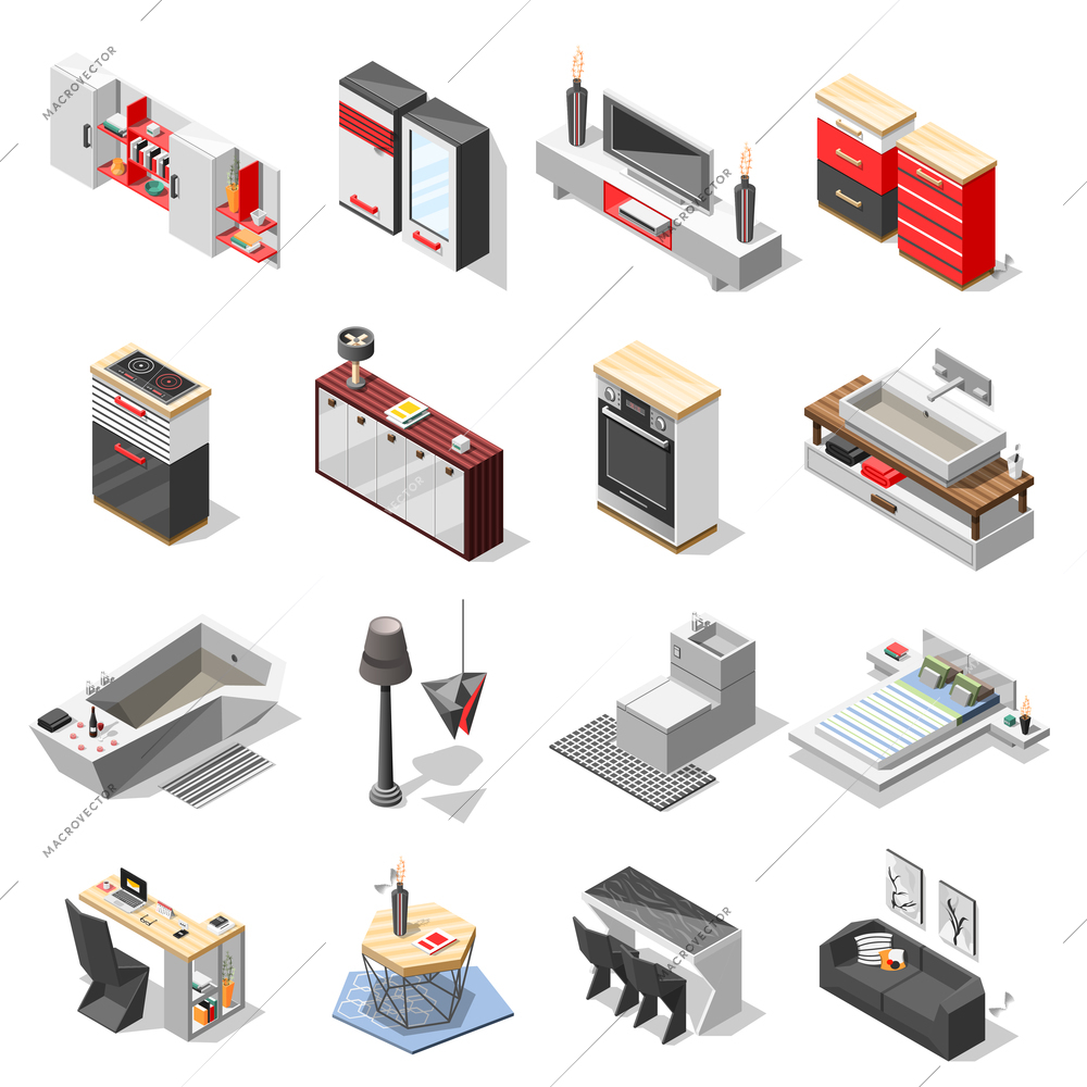 Futuristic and hi-tech isometric interior collection with images of contemporary style furniture for domestic use vector illustration