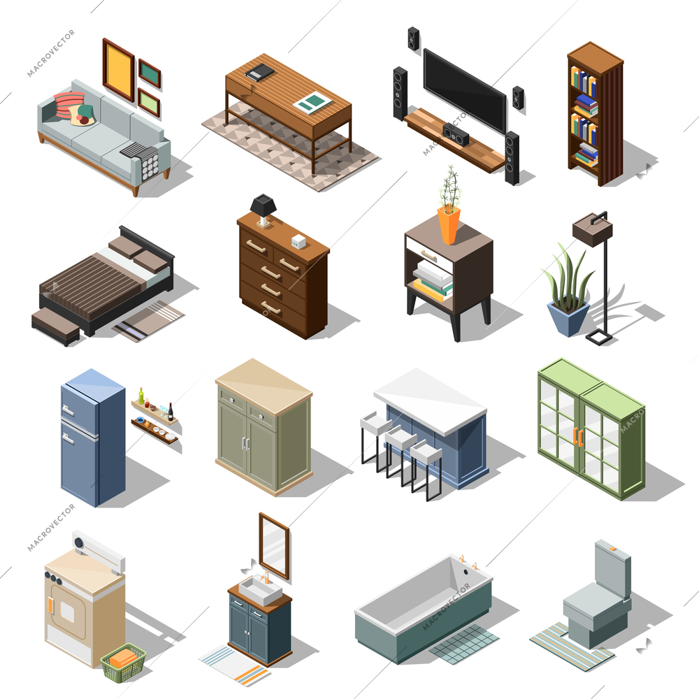 Isometric interior icons collection with sixteen isolated images of residential domestic furniture cabinets tables and beds vector illustration