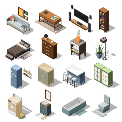 Isometric interior icons collection with sixteen isolated images of residential domestic furniture cabinets tables and beds vector illustration