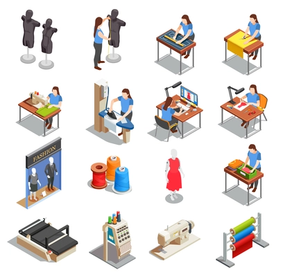 Sewing factory set of isometric icons with people during measurement, tailoring, ironing, creation design isolated vector illustration