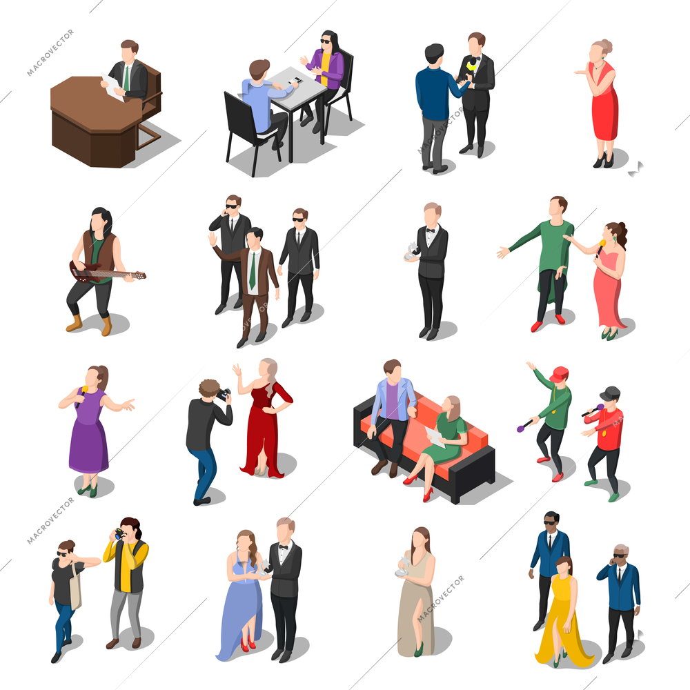 Talents and awards tv shows isometric icons set of isolated human characters of actors hosts and celebrities vector illustration