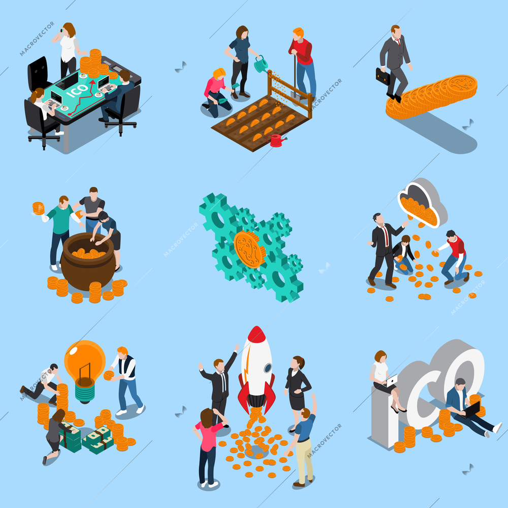 Initial coin offering isometric icons with mining of cryptocurrency, blockchain, startup on blue background isolated vector illustration