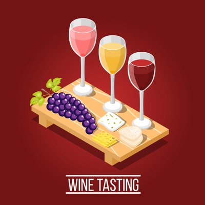 Isometric wine production background with images of wooden carving board wine glasses grape and cheese pieces vector illustration
