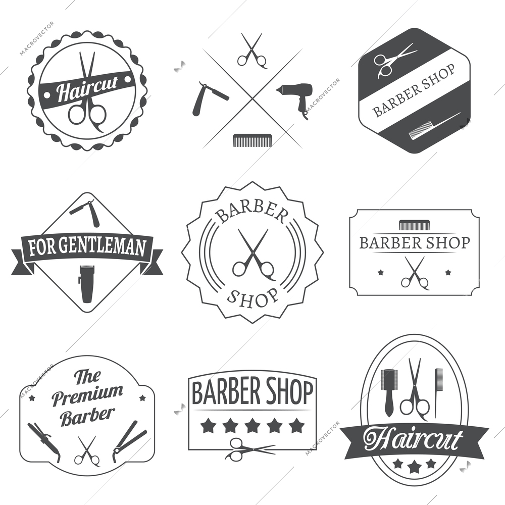 Hairdresser haircut barber shop label set isolated vector illustration