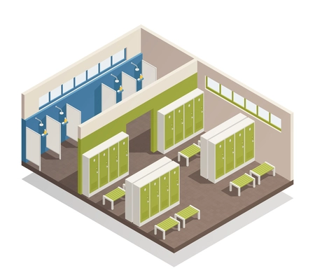 Swimming pool house changing locker room with shower enclosures benches and storage closets interior isometric composition vector illustration