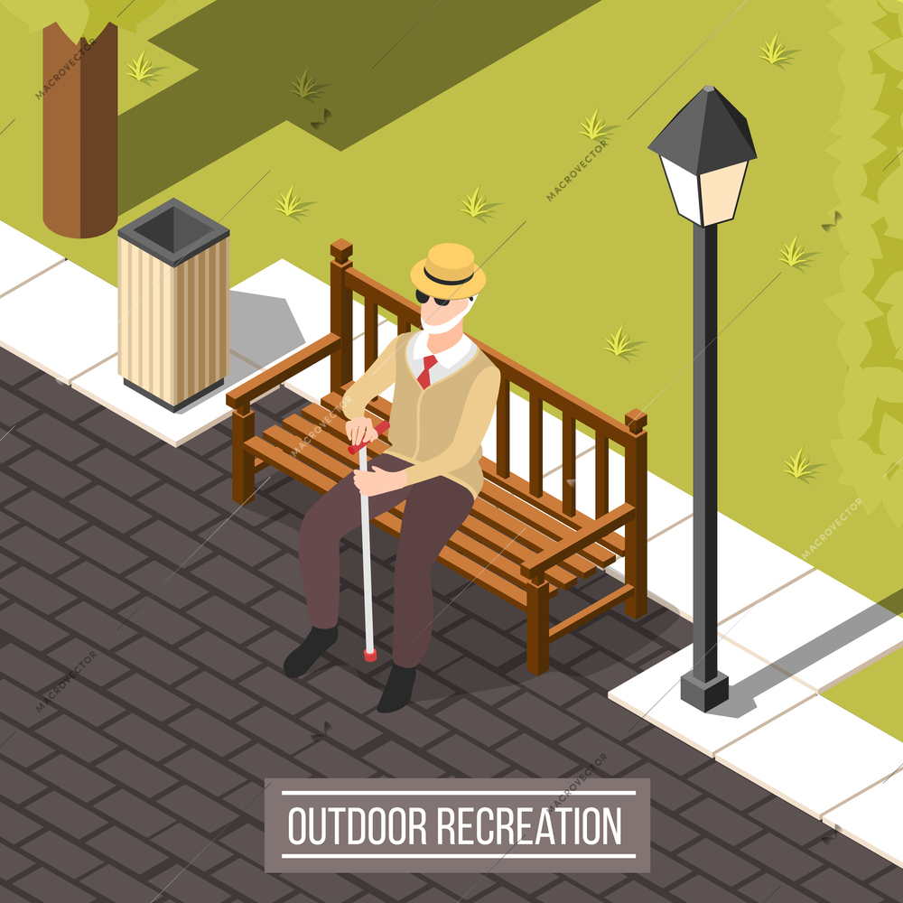 Isometric blind people background with old man in eyeglasses and hat with stick sitting on park bench vector illustration