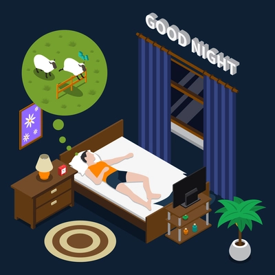 Good night isometric composition on dark background with lying man doing counting sheep in bed vector illustration