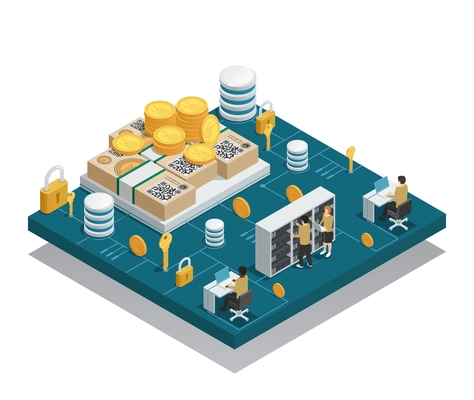 Cryptocurrency and blockchain isometric composition on blue platform with integrated circuit and miners near equipment vector illustration